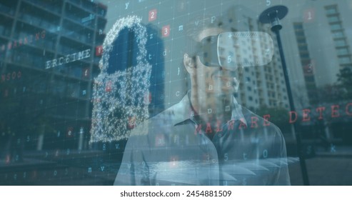 Image of security shield over caucasian men using vr headset. global digital security and identity, digital interface and data processing concept digitally generated image.