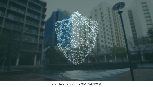 Image of security shield over cityscape. global digital security and identity, digital interface and data processing concept digitally generated image.