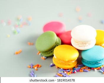 Image select focus close up macaron dessert is a sweet food or bakery, cake, biscuit, sprinkled with small toffee grades of various colors with copy space for text.
