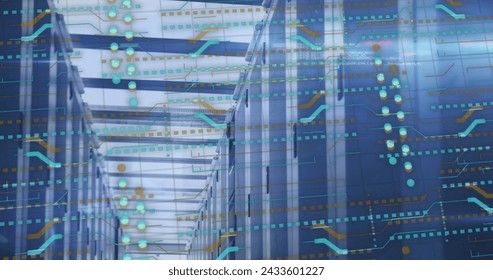 Image of servers, connections and data processing over circuit board. Global digital interface, cloud computing and data processing concept digitally generated image.