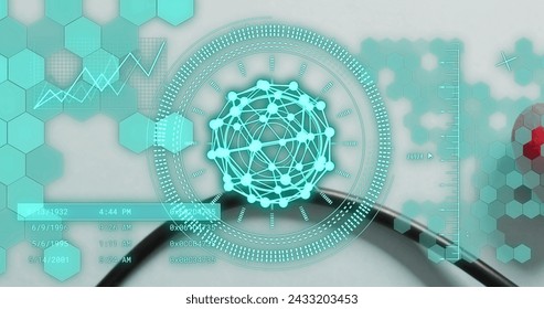 Image of shapes and data processing over stethoscope. Global medicine and digital interface concept digitally generated image.