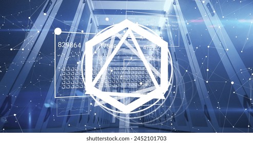 Image of shapes with data processing over server room. Global technology, computing and digital interface concept digitally generated image.