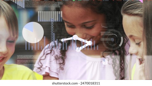 Image of shapes and data processing over diverse schoolchildren. Global education, learning and digital interface concept digitally generated image.