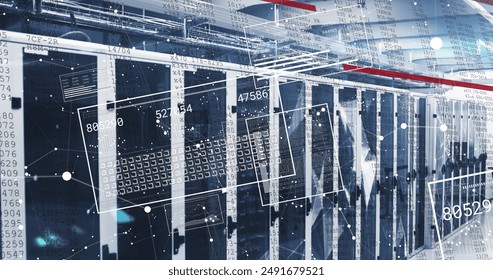 Image of shapes and data processing over server room. Global technology and digital interface concept digitally generated image.