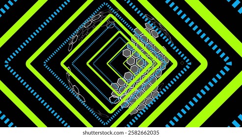 Image of shapes and digital tunnel over black background. Abstract background and pattern concept digitally generated image.