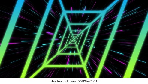 Image of shapes and digital tunnel over black background. Abstract background and pattern concept digitally generated image.