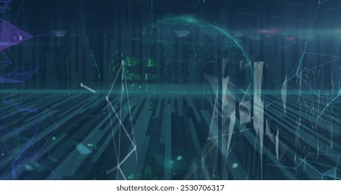 Image of shapes, globe, lights and connections. Network, connections, data processing and technology concept digitally generated image.