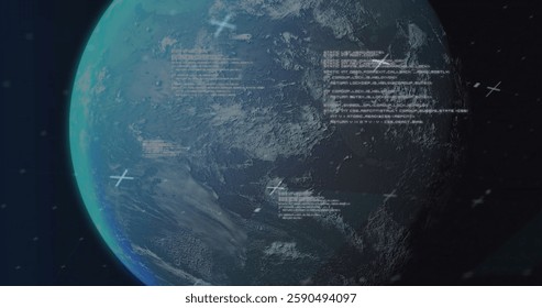 Image of shapes and globe over data processing. Business, technology and digital interface concept digitally generated image.
