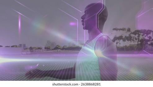 Image of shapes and light trails over african american man running. Global sport, connections and digital interface concept digitally generated image.