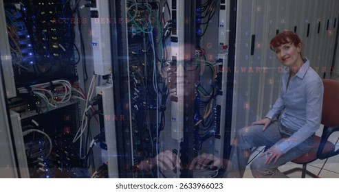 Image of shapes moving over server room. Global connections technology data processing and digital interface concept digitally generated image.