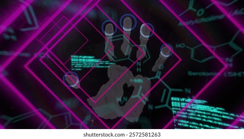 Image of shapes over and data processing over chemical formula and hand on black background. Global technology, computing and digital interface concept digitally generated image.