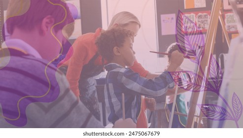 Image of shapes over diverse schoolchildren painting. children's art week, education and digital interface concept digitally generated image. - Powered by Shutterstock