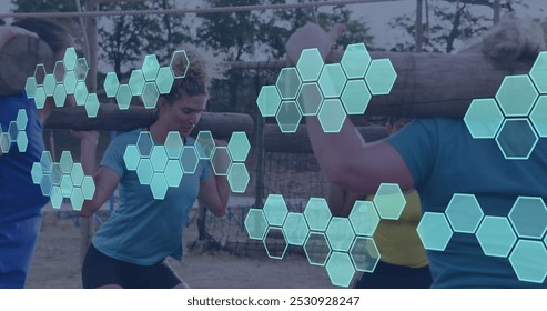 Image of shapes over diverse women at obstacle course carrying wooden bars. Global sport, health, fitness and digital interface concept digitally generated image. - Powered by Shutterstock