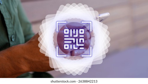 Image of shapes and qr code over man using smartphone. Global business, national flags and digital interface concept digitally generated image.