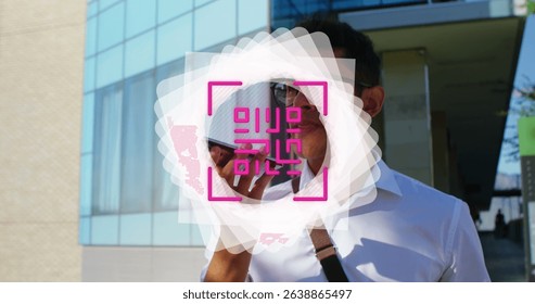 Image of shapes and qr code over man using smartphone. Global business, national flags and digital interface concept digitally generated image.
