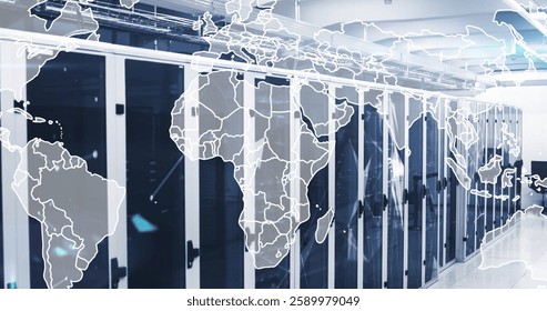 Image of shapes and world map over server room. Global technology and digital interface concept digitally generated image.