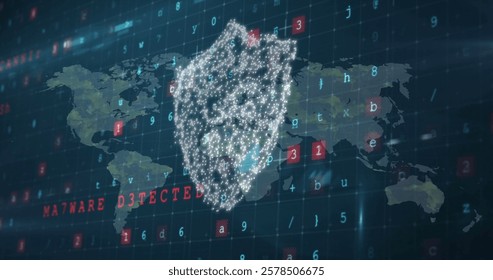 Image of shield, digital data processing and world map over dark background. Global cyber security, connections, computing and data processing concept digitally generated image.