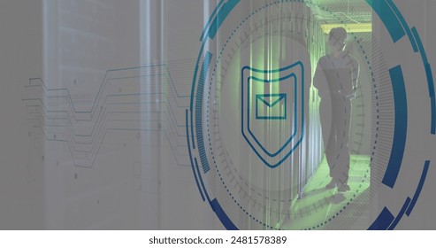 Image of shield, envelope, circles, asian male engineer walking and using laptop in server room. Digital composite, multiple exposure, message, protection, data center, networking and technology. - Powered by Shutterstock