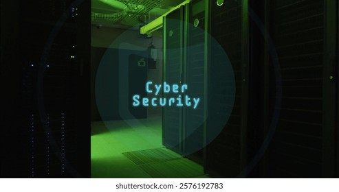Image of shield icon and cyber security text over computer servers. global cyber security, connections, computing and data processing concept digitally generated image.
