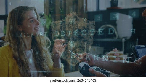Image of shield icon and cyberattack warning over diverse people paying with credit card. Global technology, finances and digital interface concept digitally generated image.