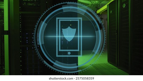 Image of shield icon and digital data processing over computer servers. Global cyber security, connections, computing and data processing concept digitally generated image.