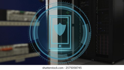 Image of shield icon and digital data processing over computer servers. Global cyber security, connections, computing and data processing concept digitally generated image.