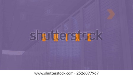 Image of shine text and data processing over server room. Global technology, social media and digital interface concept digitally generated image.