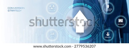 The image showcases a futuristic digital interface highlighting a conversion strategy with a prominent upwardpointing arrow symbolizing growth Surrounding the arrow are icons representing user flow landing pages data analysis heatmaps personas and conversion strategy The background features a gradient overlay with a blurred silhouette of a person in a business setting