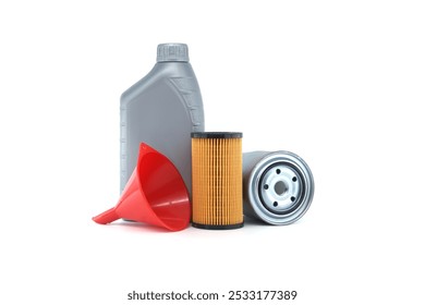 Image showcasing essential auto maintenance supplies: an oil filter, a red funnel, and an oil container. Perfect for car care, repair, and automotive enthusiasts