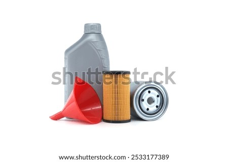 Image showcasing essential auto maintenance supplies: an oil filter, a red funnel, and an oil container. Perfect for car care, repair, and automotive enthusiasts