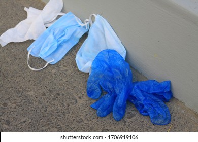 Image Showing Medical Waste Masks, Gloves And Tissues, People Must Be Careful, And Throw The Used Medical Wastes Inside Trash Can.