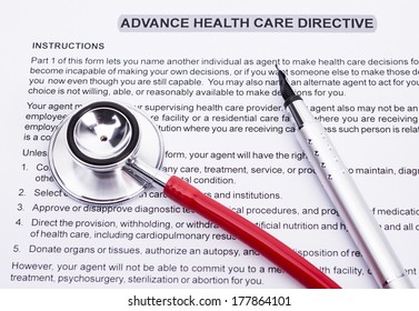 Image shows an advanced directive, a stethoscope and a pencil