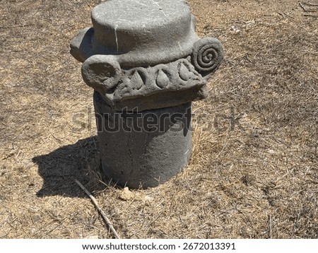 The image shows an ancient stone column capital, likely from a synagogue at en-afek naure vreserve in Northern israel