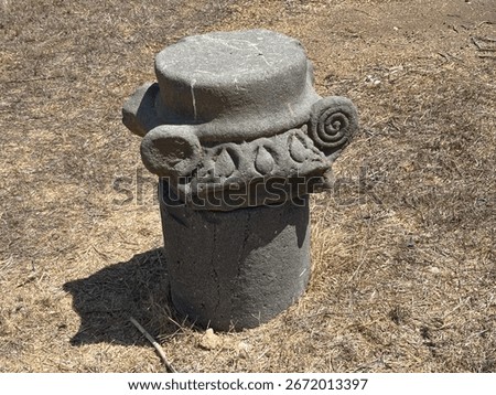The image shows an ancient stone column capital, likely from a synagogue at en-afek naure vreserve in Northern israel