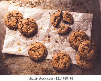 Image Shows A Baking Tray Or Cookie Sheet With Chocolate Chip Cookies - Topview