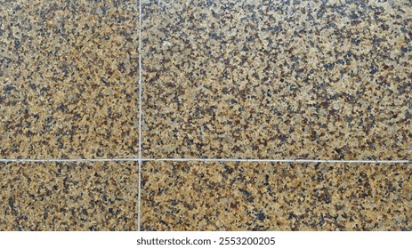 The image shows a close-up of granite tiles with a polished finish. The tiles are rectangular and arranged in a grid pattern, separated by white grout lines. The surface features a speckled texture - Powered by Shutterstock