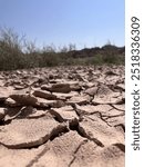 The image shows a close-up view of cracked, dry soil, with a strong focus on the parched earth in the foreground. The cracked soil forms uneven layers, creating a rugged texture.