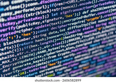Image shows close-up view of dense computer code, likely written in a programming language with syntax like curly braces, parentheses, and keywords Colored highlights indicate variables, functions,