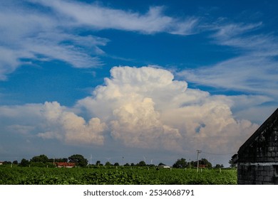 The image shows a dramatic sky with a large, towering cumulonimbus cloud dominating the scene. The cloud has a flat base and a towering top, often referred to as an anvil shape. 