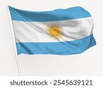 The image shows the flag of Argentina, featuring light blue and white stripes with a sun emblem. The Argentine flag is waving against a light background. Argentina national flag. Flag of Argentina.