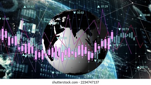 The image shows a globe rotating on top of another globe, with various graphs and numbers on a transparent background. global business and digital economy, finance, statistics, and data processing.