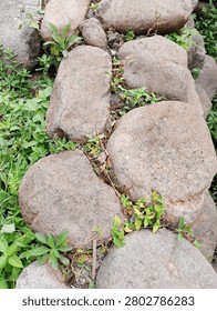 The image shows a group of large, rounded river stones or boulders arranged closely together, possibly forming a natural path, a retaining wall, or a garden border.