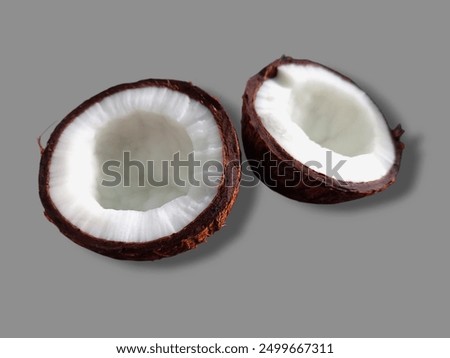 The image shows a group of shells, specifically a half-cut coconut. The shells appear to be of the fruit variety.