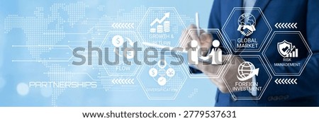 The image shows a hand interacting with a digital interface displaying interconnected hexagonal icons representing key financial and investment concepts such as capital flow diversification growth global market foreign investment partnerships and risk management all set against a futuristic network background