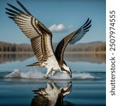 The image shows an osprey diving into a lake to catch a fish. The bird has its wings spread wide and its talons outstretched, ready to grab its prey. The water is splashing around the osprey as it ent