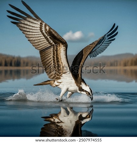 The image shows an osprey diving into a lake to catch a fish. The bird has its wings spread wide and its talons outstretched, ready to grab its prey. The water is splashing around the osprey as it ent