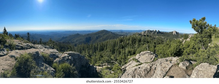 The image shows a panoramic view of a mountainous landscape with many evergreen trees and rock formations against a bright, sunny sky. - Powered by Shutterstock