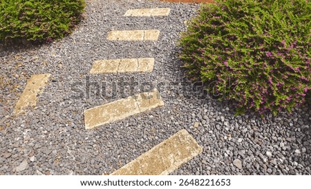 The image shows a pathway design with rectangular stepping stones placed on a bed of small gravel. Lush green shrubbery grows on either side of the path, adding a touch of nature and visual interest
