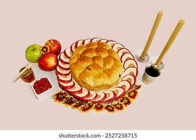 The image shows a Rosh Hashanah setting with round challah, apples, honey, pomegranate seeds, flowers, two candles, and a silver cup, symbolizing sweetness and blessings for the Jewish New Year. - Powered by Shutterstock