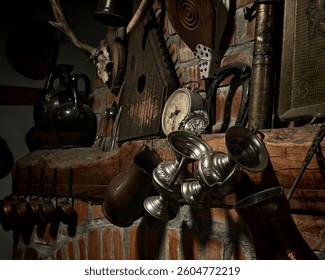 The image shows a rustic, cluttered wall display featuring various antique items such as metal pitchers, a clock, and a stone fireplace. The items are arranged on a brick wall, creating a vintage and 